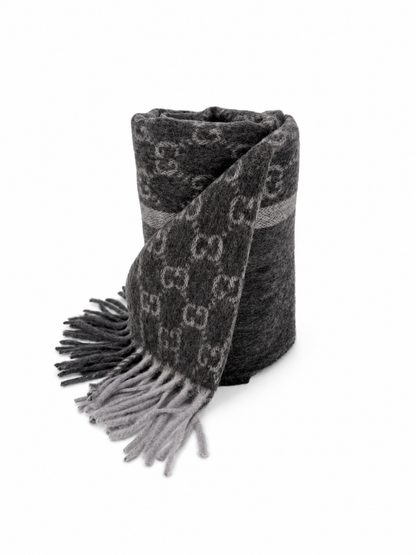 Gucci Monogram Charcoal Grey Cashmere & Wool Scarf with Fringe