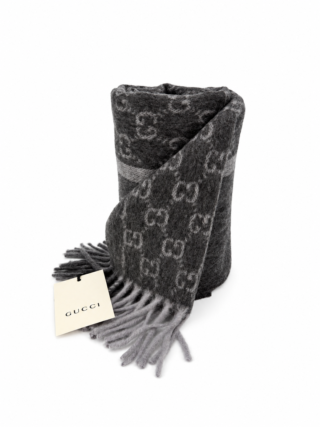Gucci Monogram Charcoal Grey Cashmere & Wool Scarf with Fringe