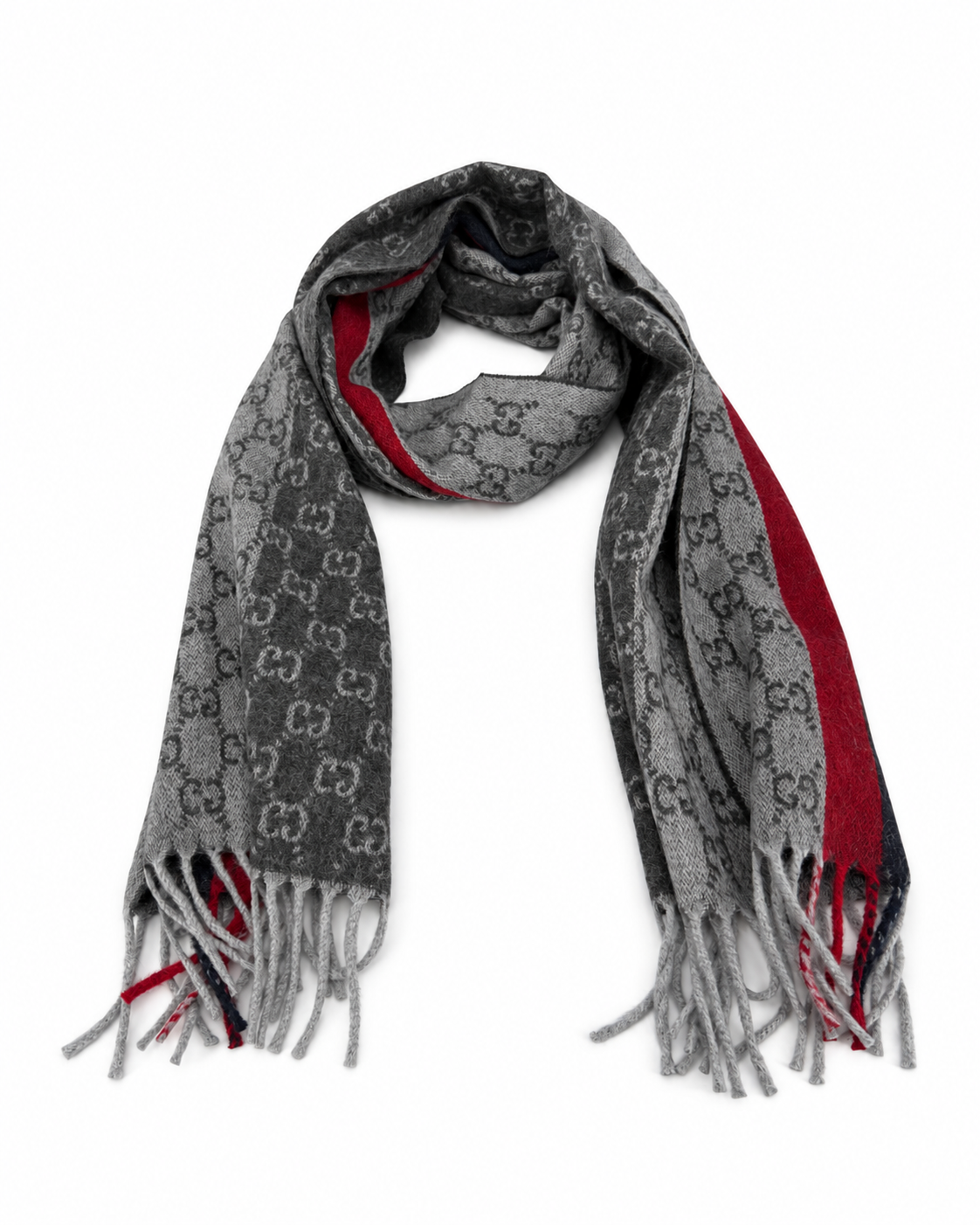 Gucci Monogram Grey Cashmere & Wool Scarf with Red & Black Stripe