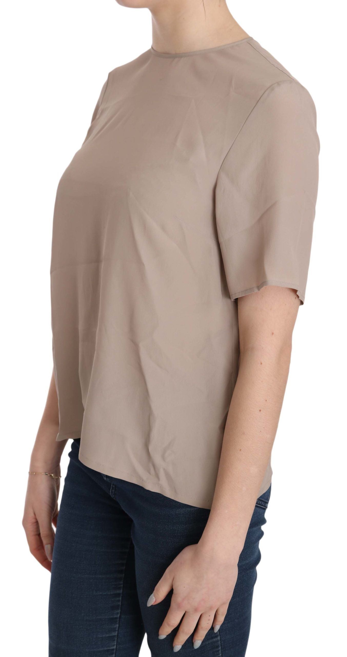  - Elegant Beige Silk Blend Crew Neck Blouse