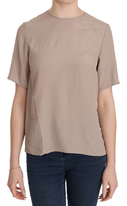  - Elegant Beige Silk Blend Crew Neck Blouse