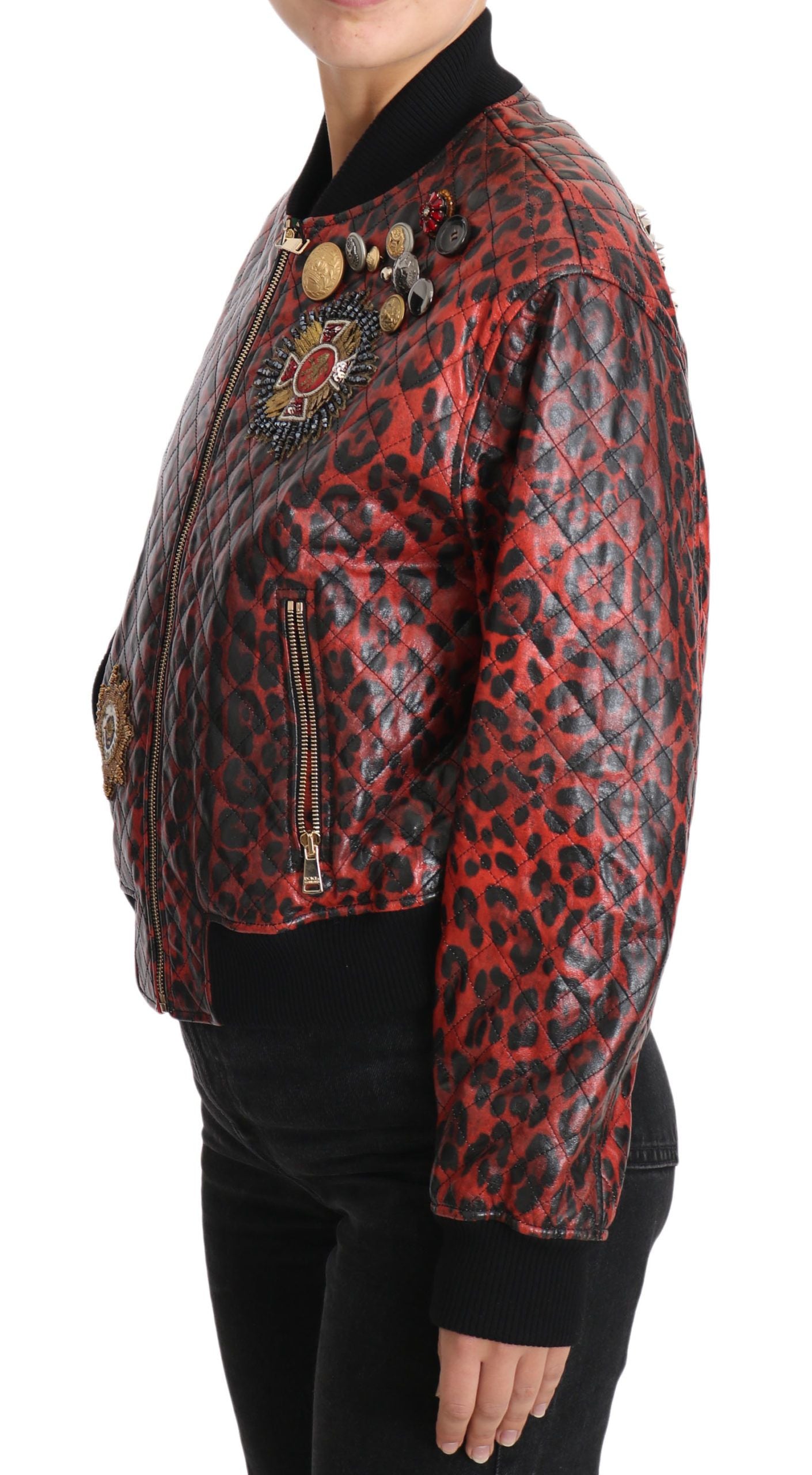  - Red Leopard Bomber Leather Jacket with Crystal Buttons