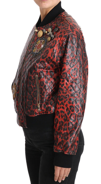  - Red Leopard Bomber Leather Jacket with Crystal Buttons