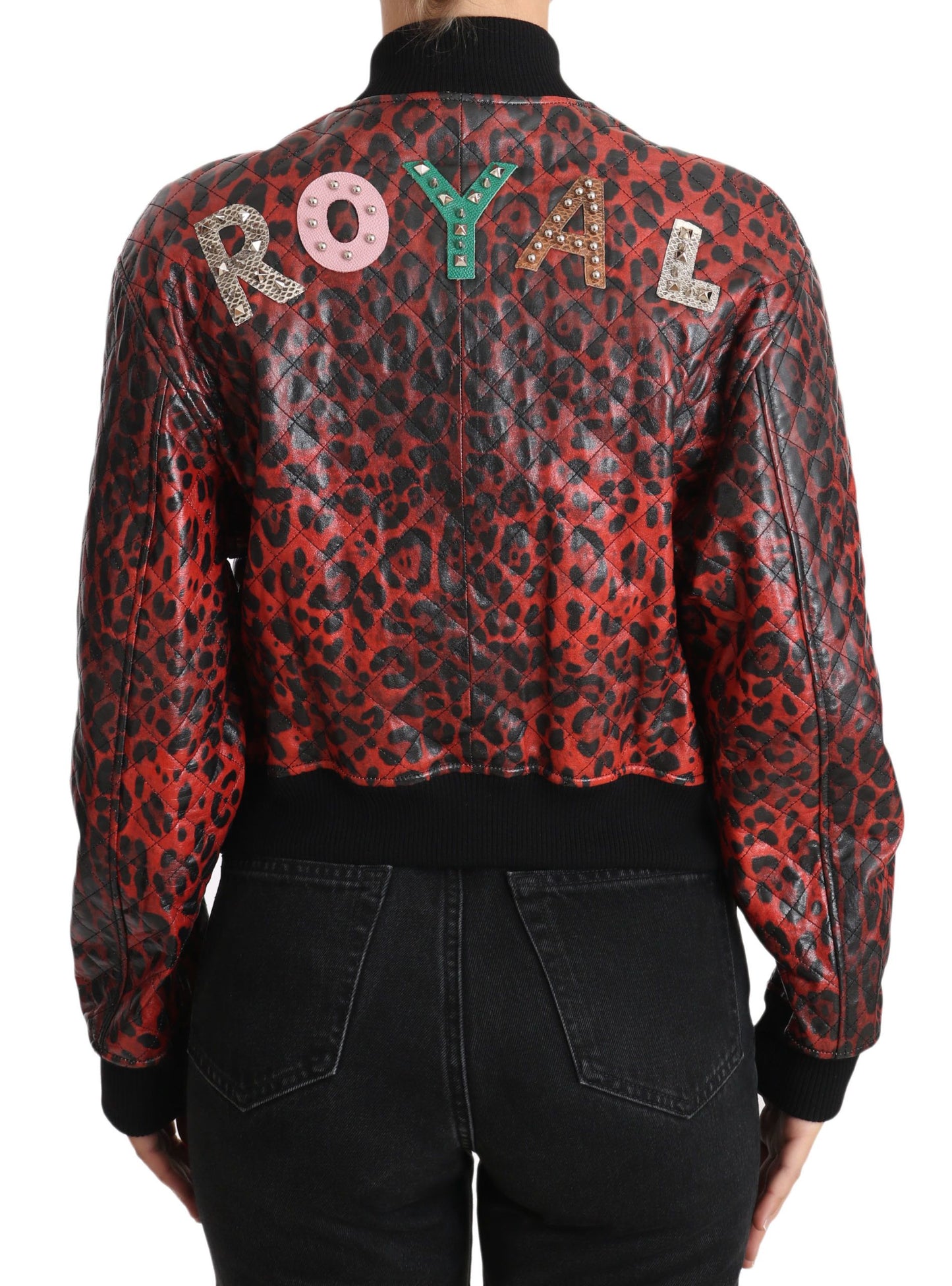  - Red Leopard Bomber Leather Jacket with Crystal Buttons