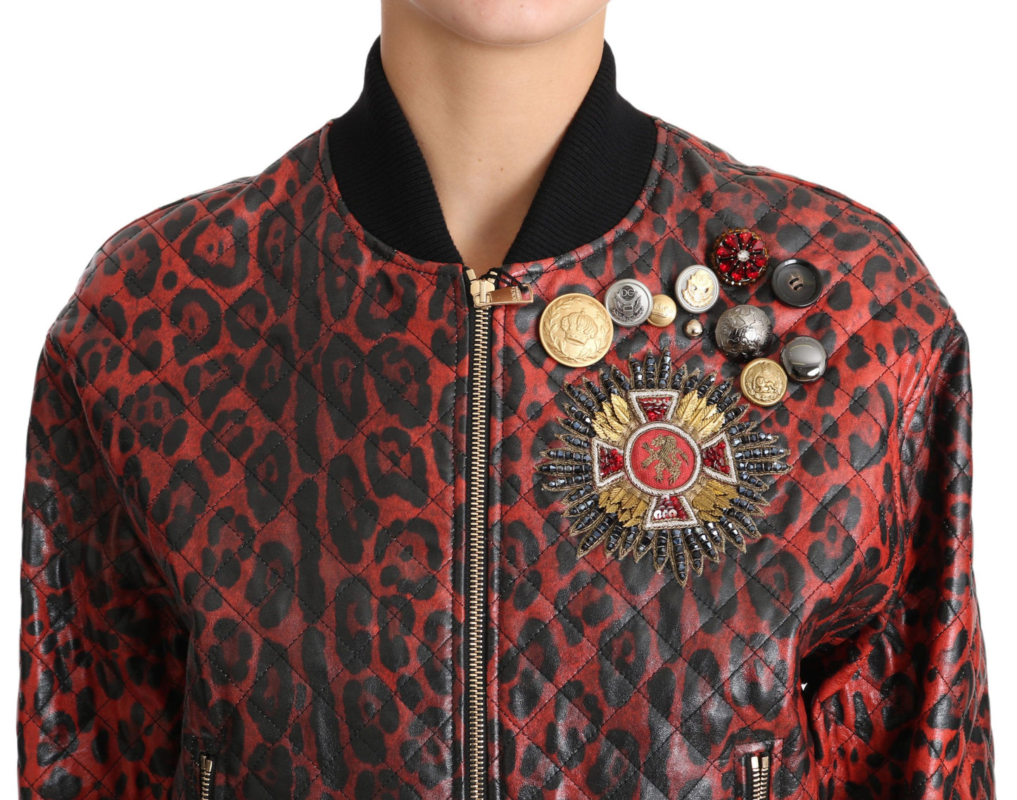  - Red Leopard Bomber Leather Jacket with Crystal Buttons