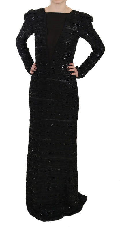  - Black Silk Sheath Maxi Dress with Sequins