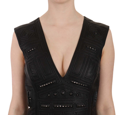  - Studded Black Leather Mini Sheath Dress