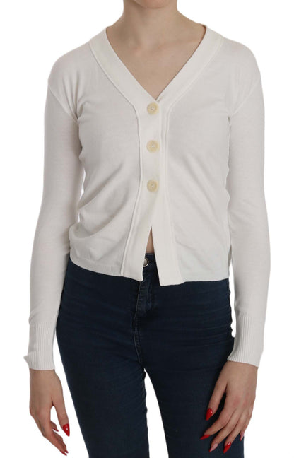  - Elegant White V-Neck Cropped Cardigan Blouse