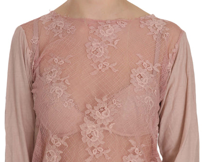  - Elegant Pink Lace Boat Neck Blouse