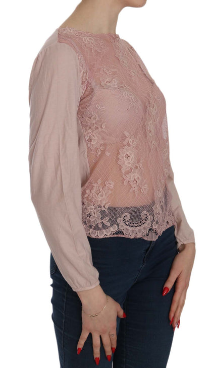  - Elegant Pink Lace Boat Neck Blouse