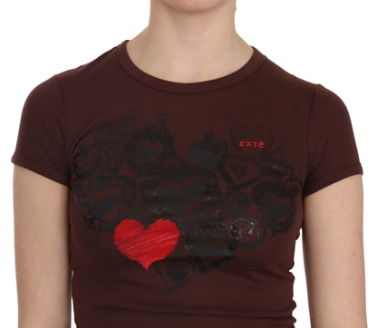  - Chic Brown Hearts Print Crew Neck Blouse