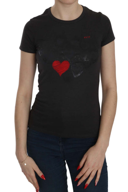  - Black Hearts Print Crew Neck Blouse