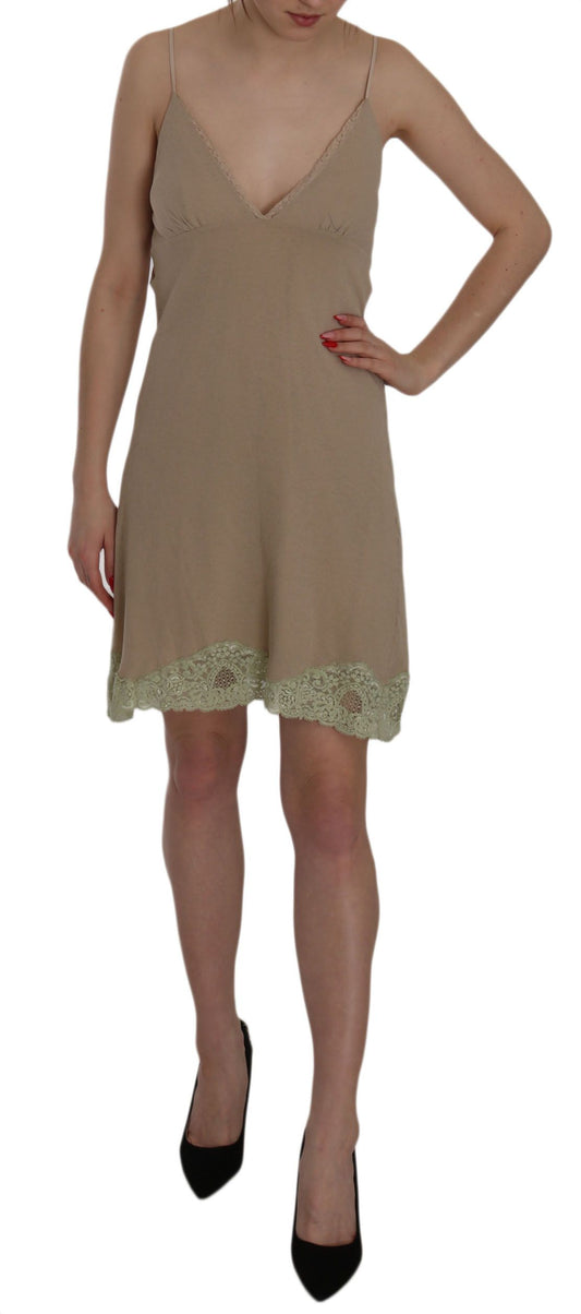  - Elegant Beige Lace Spaghetti Strap Mini Dress