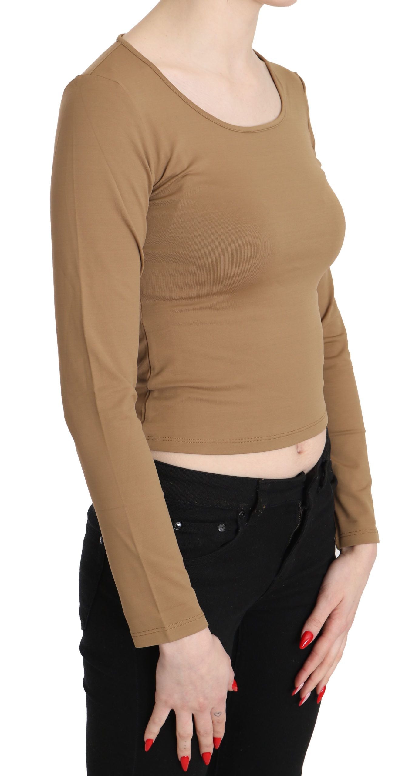  - Elegant Brown Long Sleeve Cropped Top