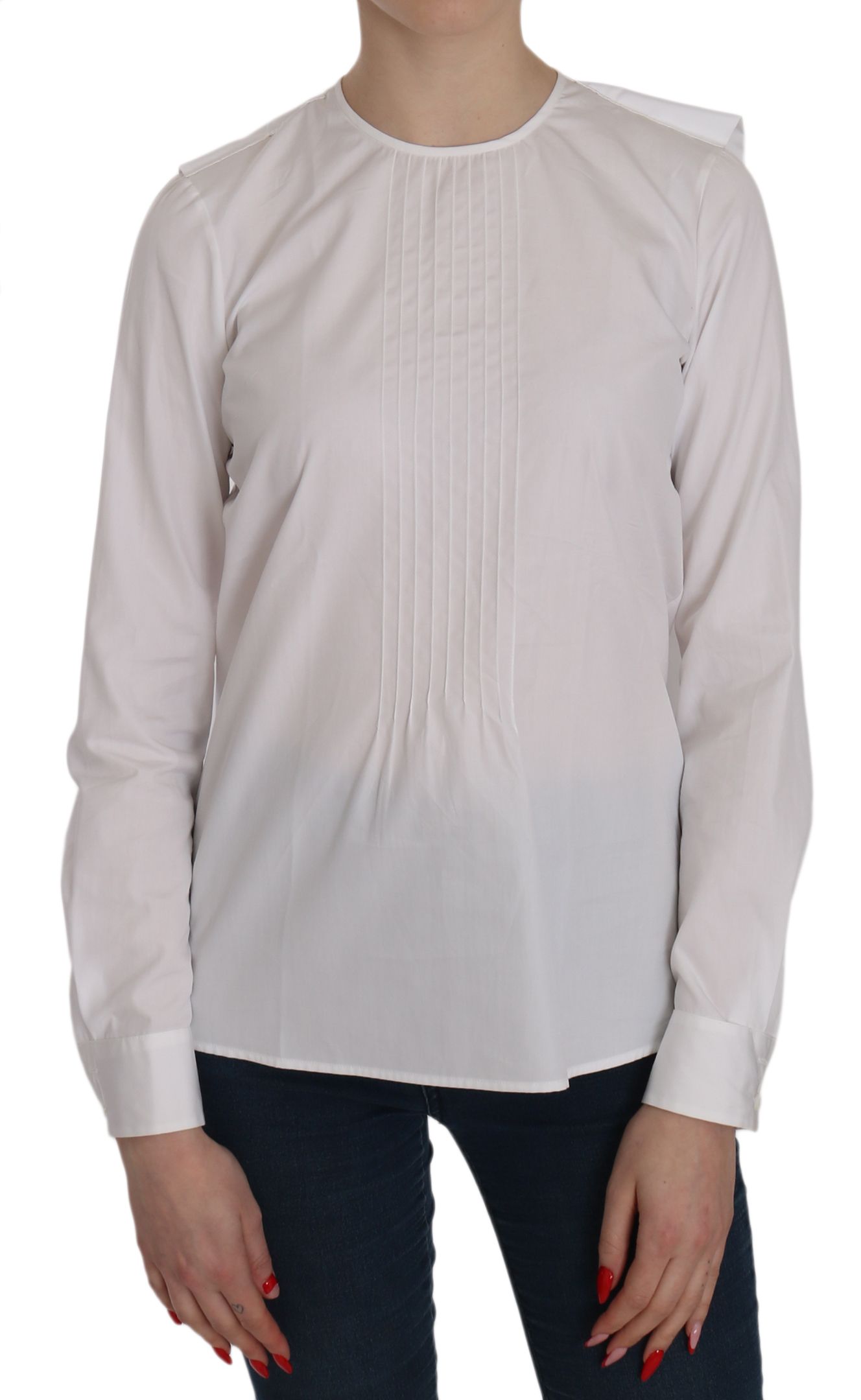  - Elegant White Cotton Crew Neck Top