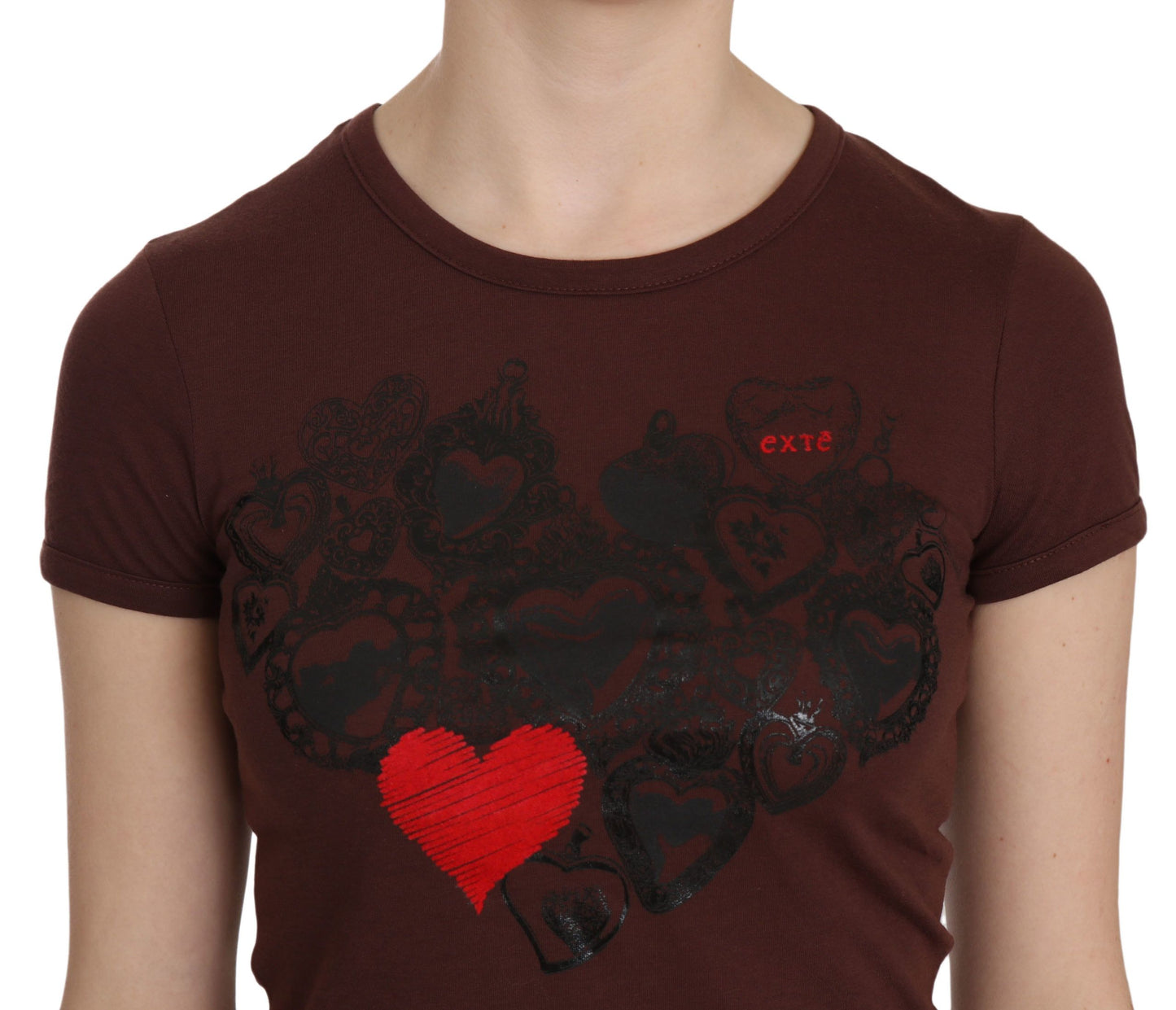  - Chic Brown Heart Print Crew Neck Top