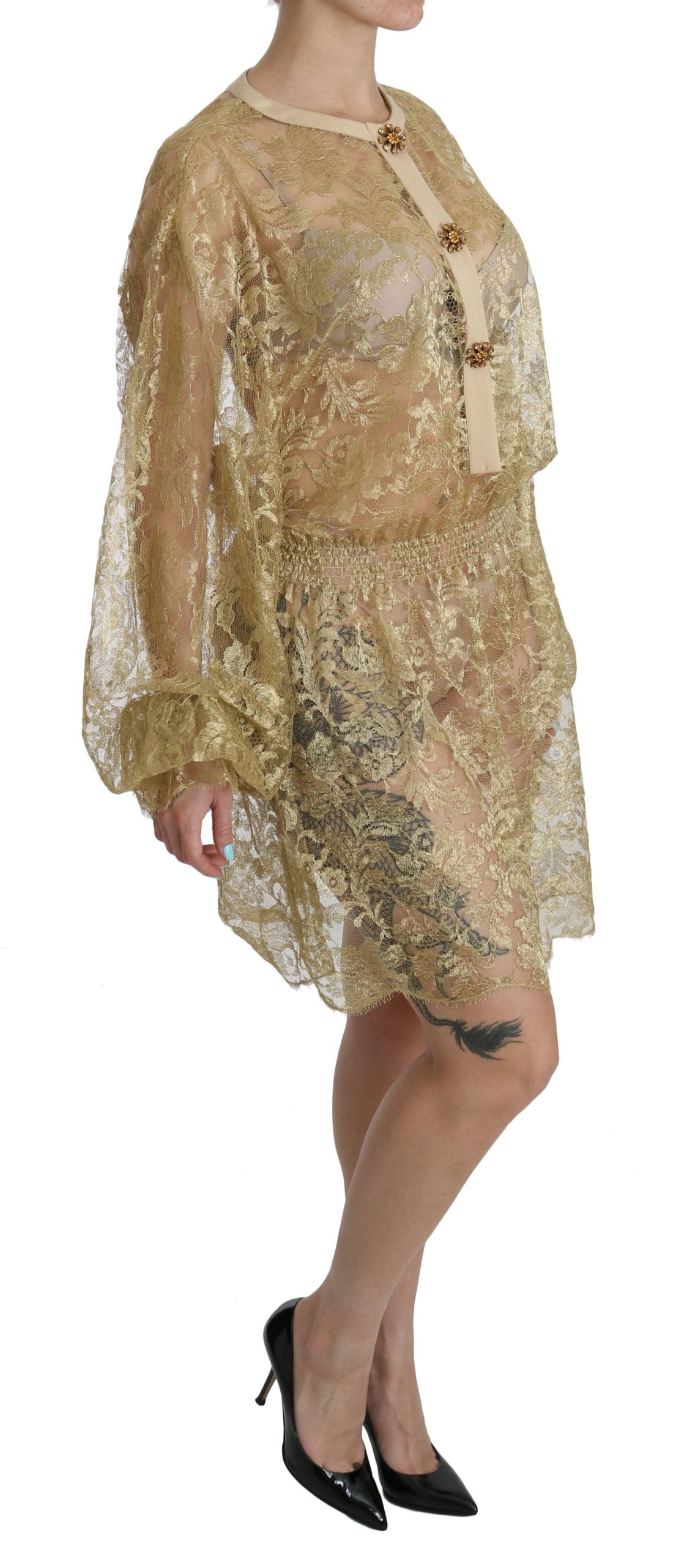  - Elegant Gold Lace A-Line Knee Length Dress