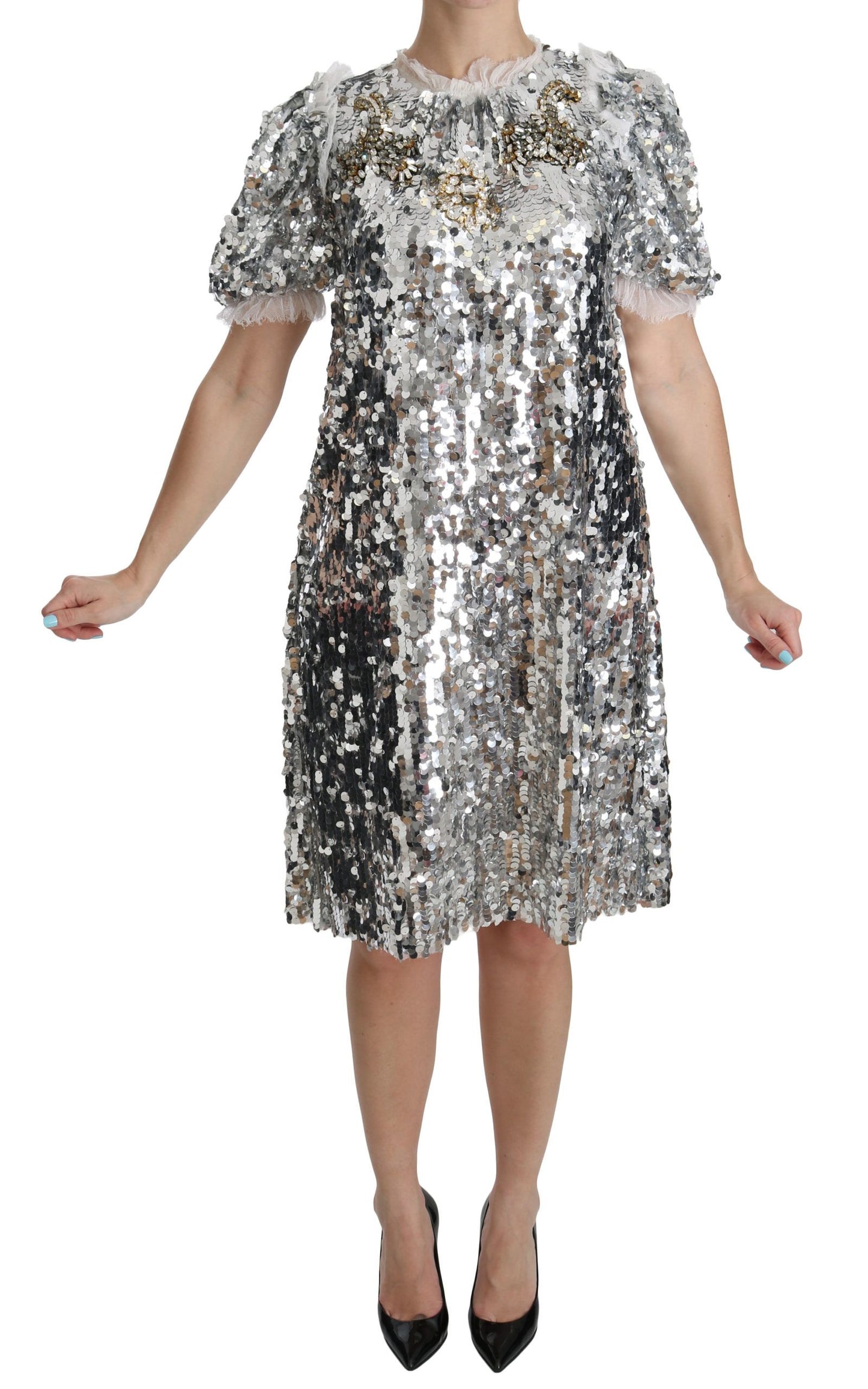  - Elegant Silver A-Line Dress with Crystal Accents