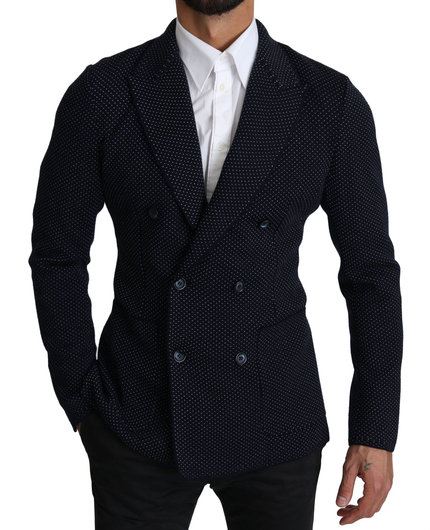  - Elegant Dark Blue Dotted Slim-Fit Blazer