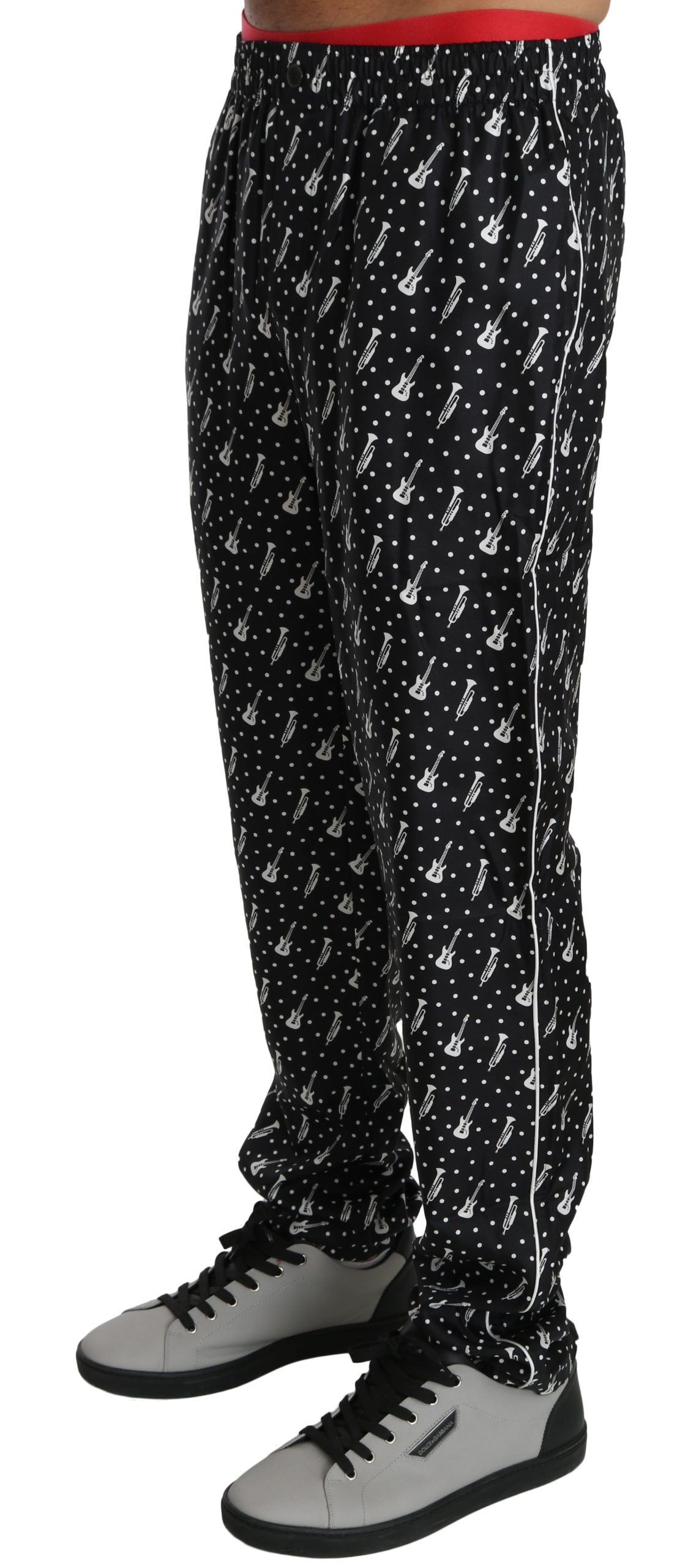  - Elegant Black Musical Instrument Print Silk Pants