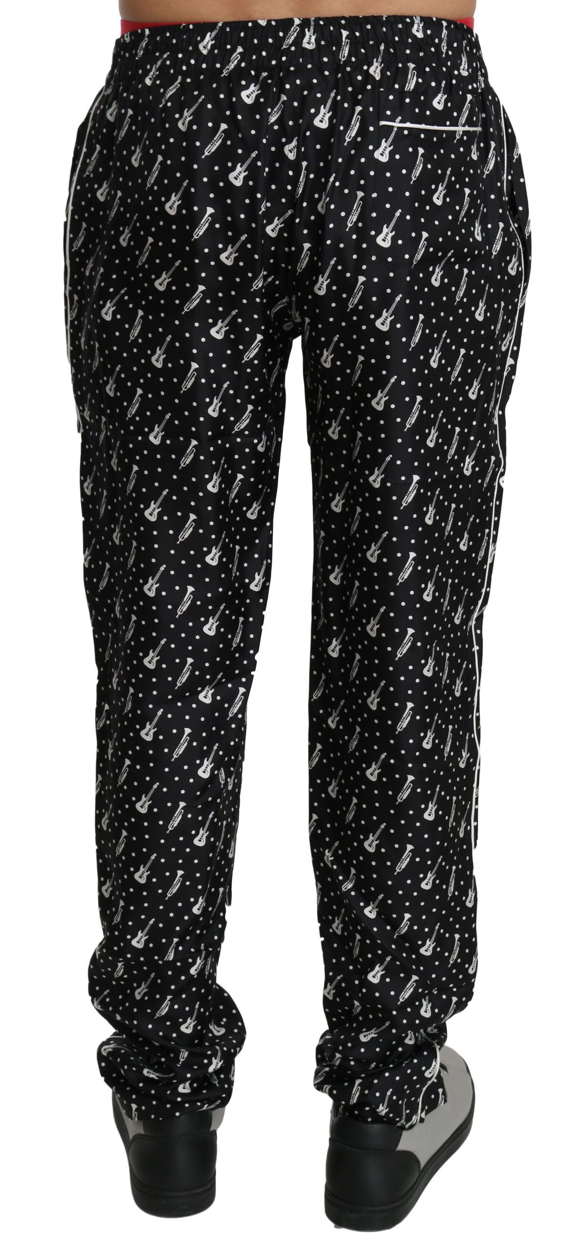  - Elegant Black Musical Instrument Print Silk Pants