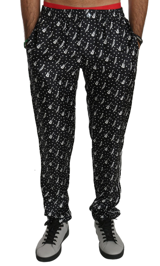  - Elegant Black Musical Instrument Print Silk Pants