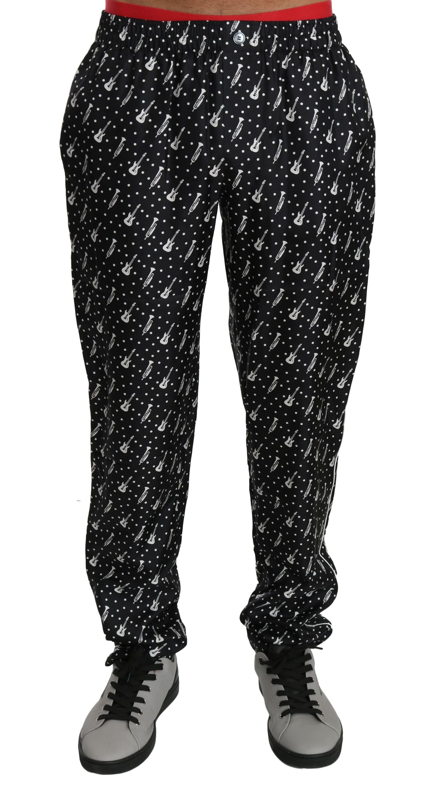  - Elegant Black Musical Instrument Print Silk Pants