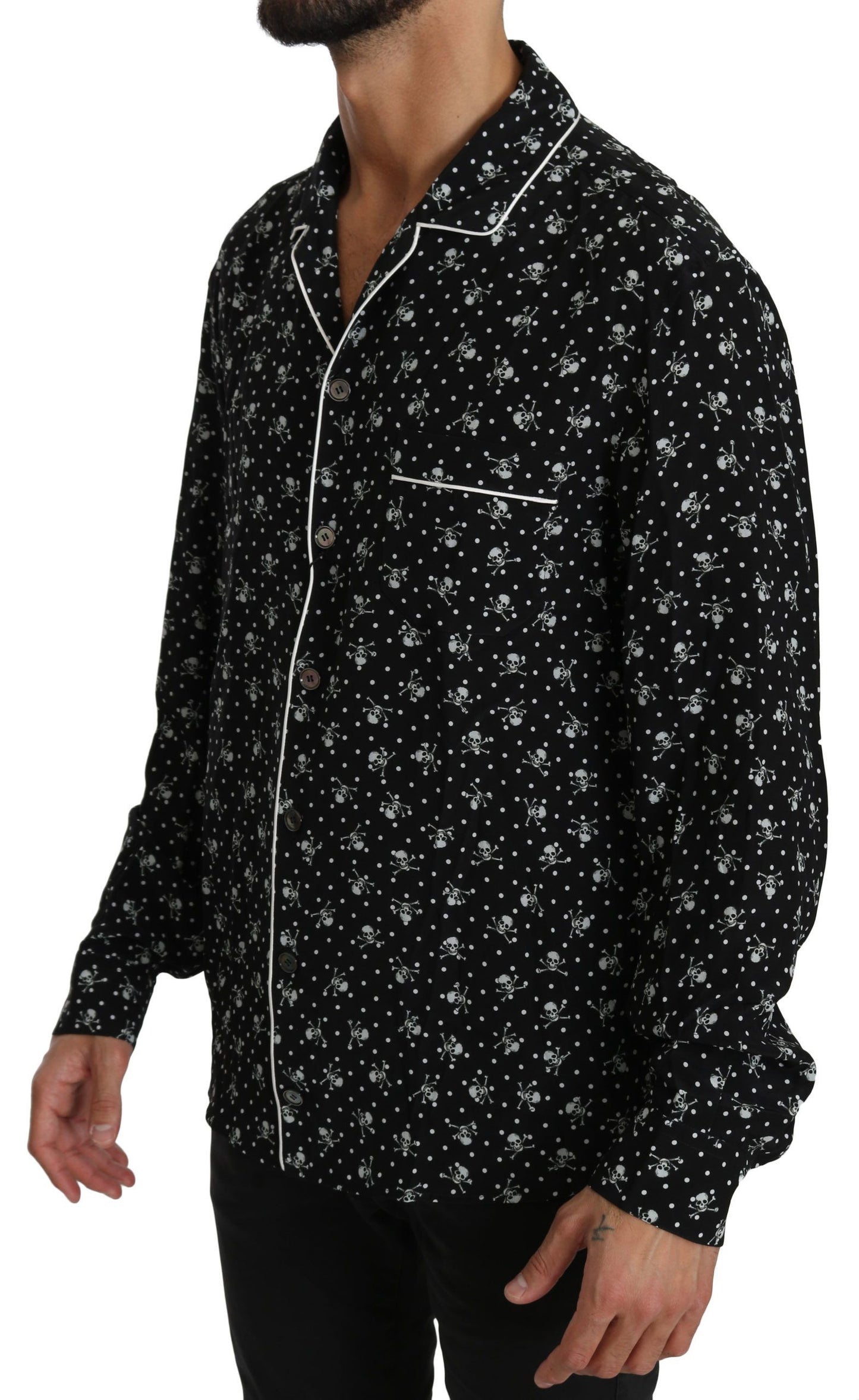  - Elegant Silk Pajama Shirt with Skull Print