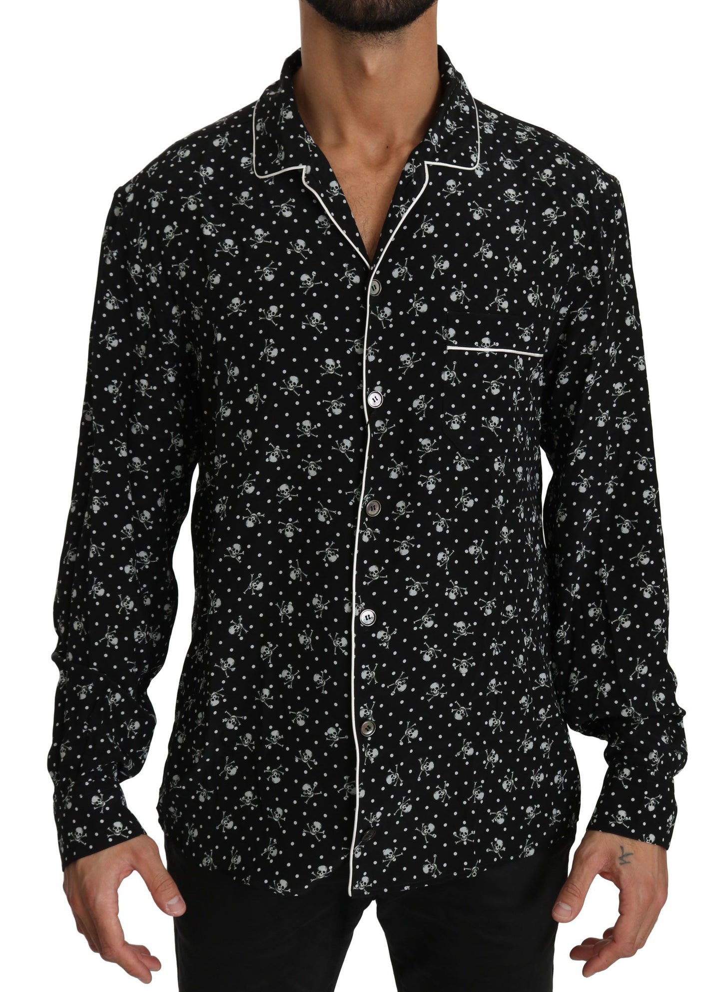  - Elegant Silk Pajama Shirt with Skull Print