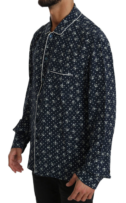  - Silken Elegance: Blue Skull Print Lounge Shirt