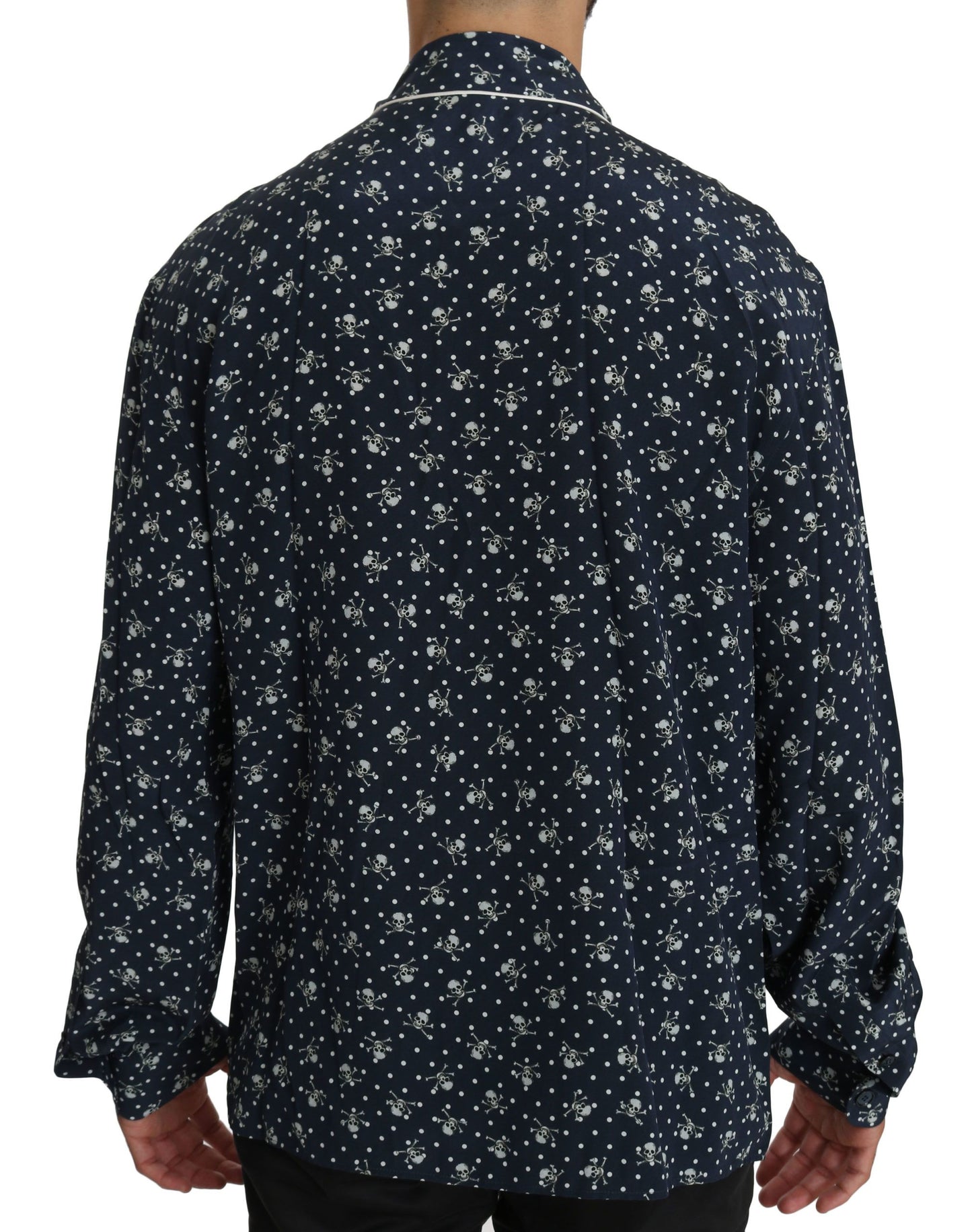  - Silken Elegance: Blue Skull Print Lounge Shirt