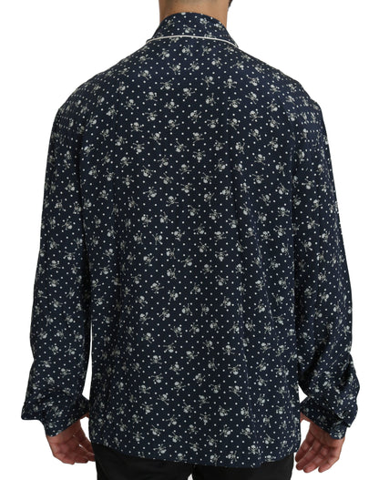  - Silken Elegance: Blue Skull Print Lounge Shirt