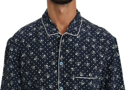  - Silken Elegance: Blue Skull Print Lounge Shirt