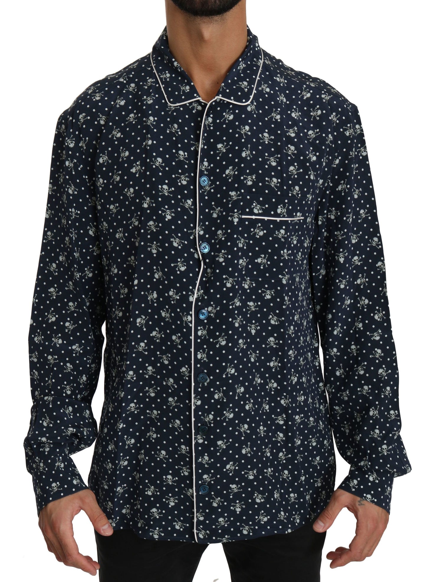  - Silken Elegance: Blue Skull Print Lounge Shirt