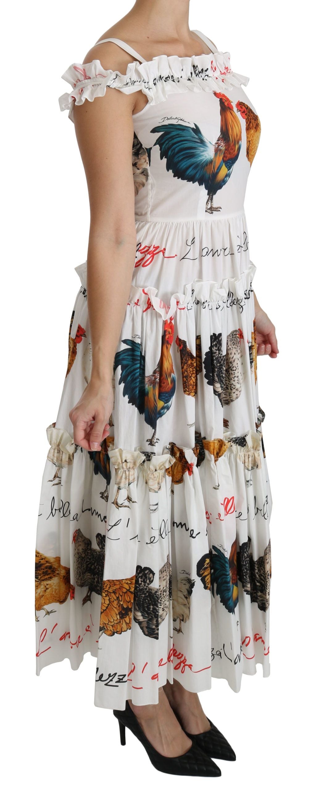  - Elegant White Rooster Print Sheath Midi Dress