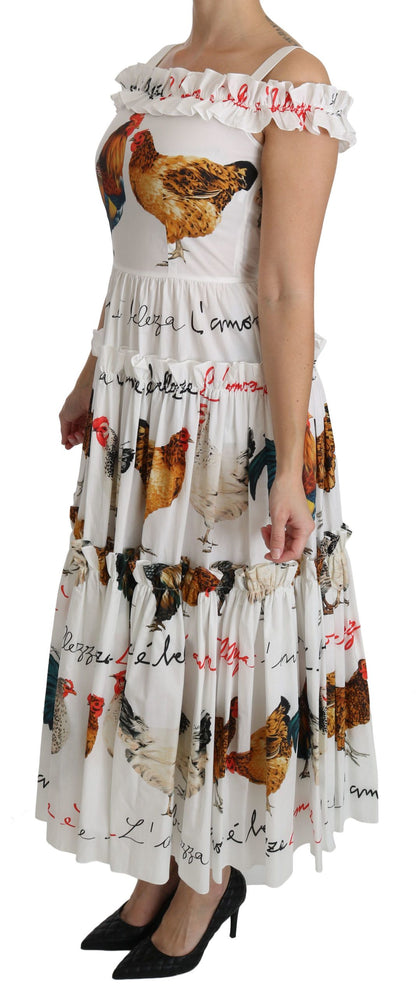  - Elegant White Rooster Print Sheath Midi Dress