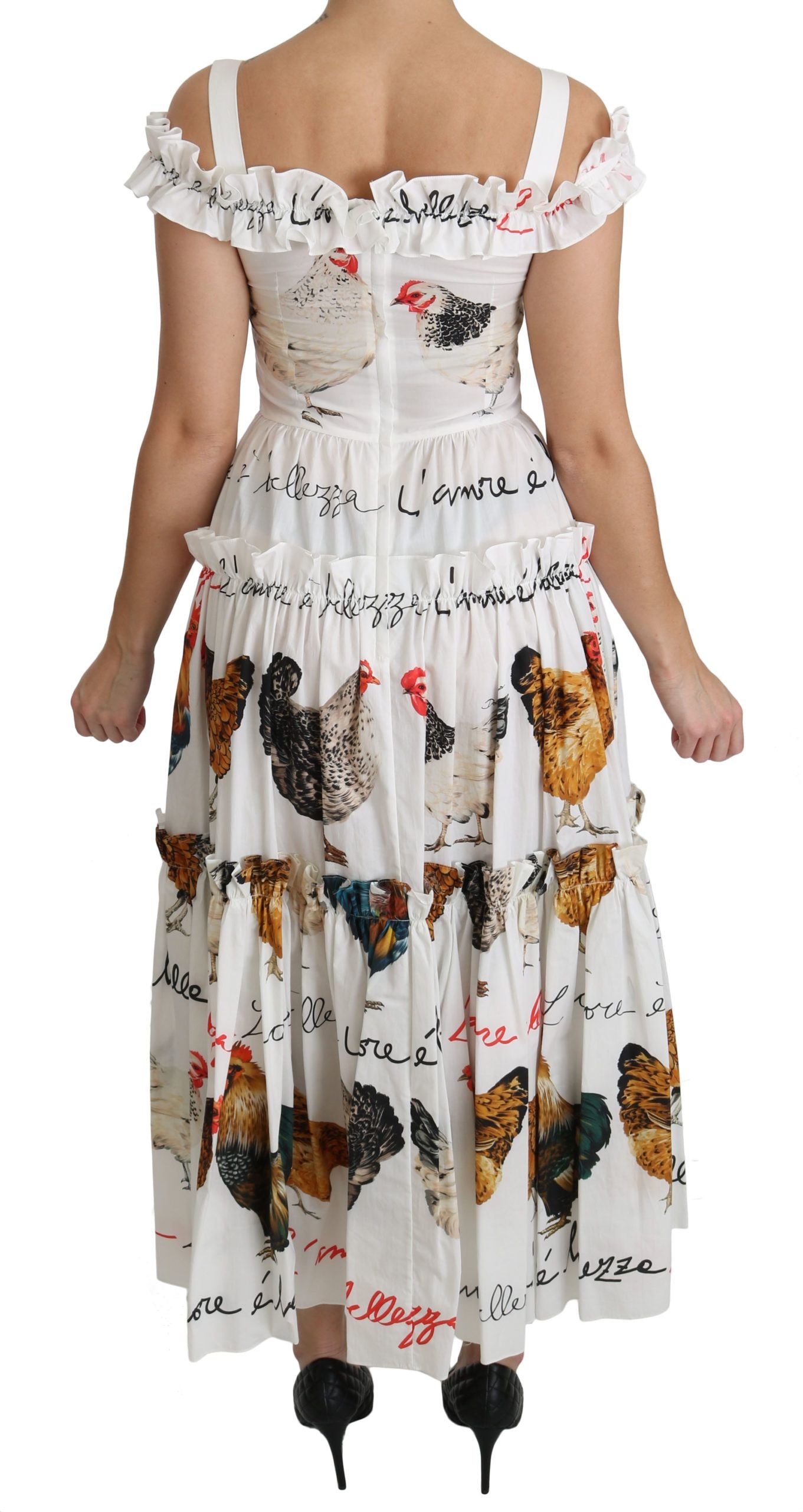  - Elegant White Rooster Print Sheath Midi Dress