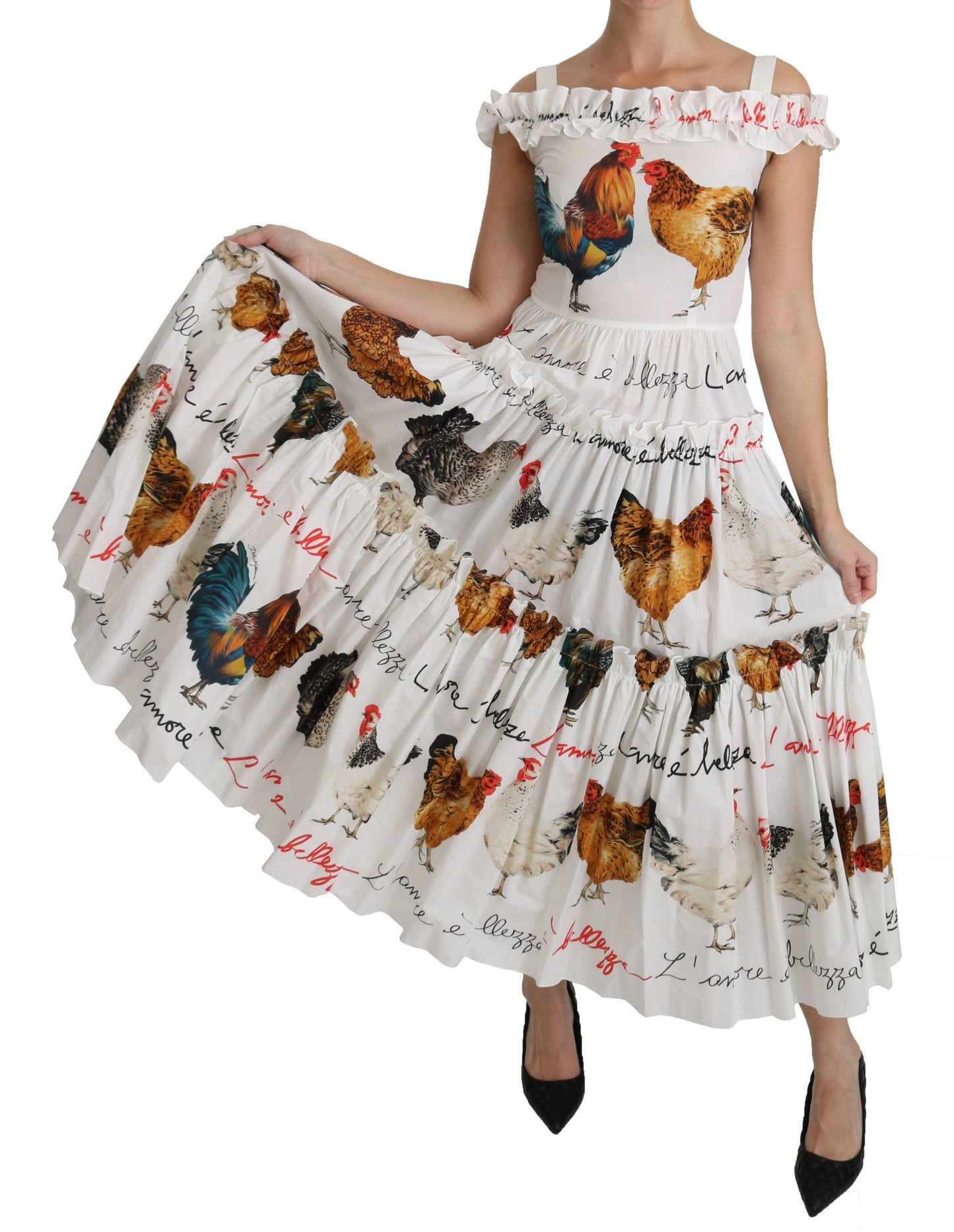  - Elegant White Rooster Print Sheath Midi Dress