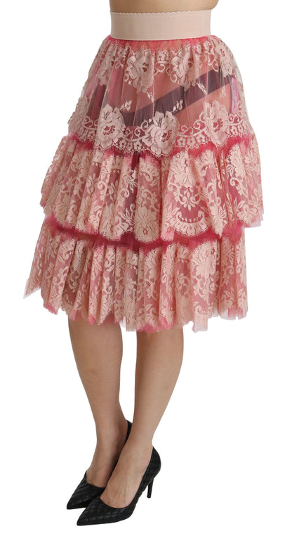  - Elegant Pink Lace High-Waist Skirt