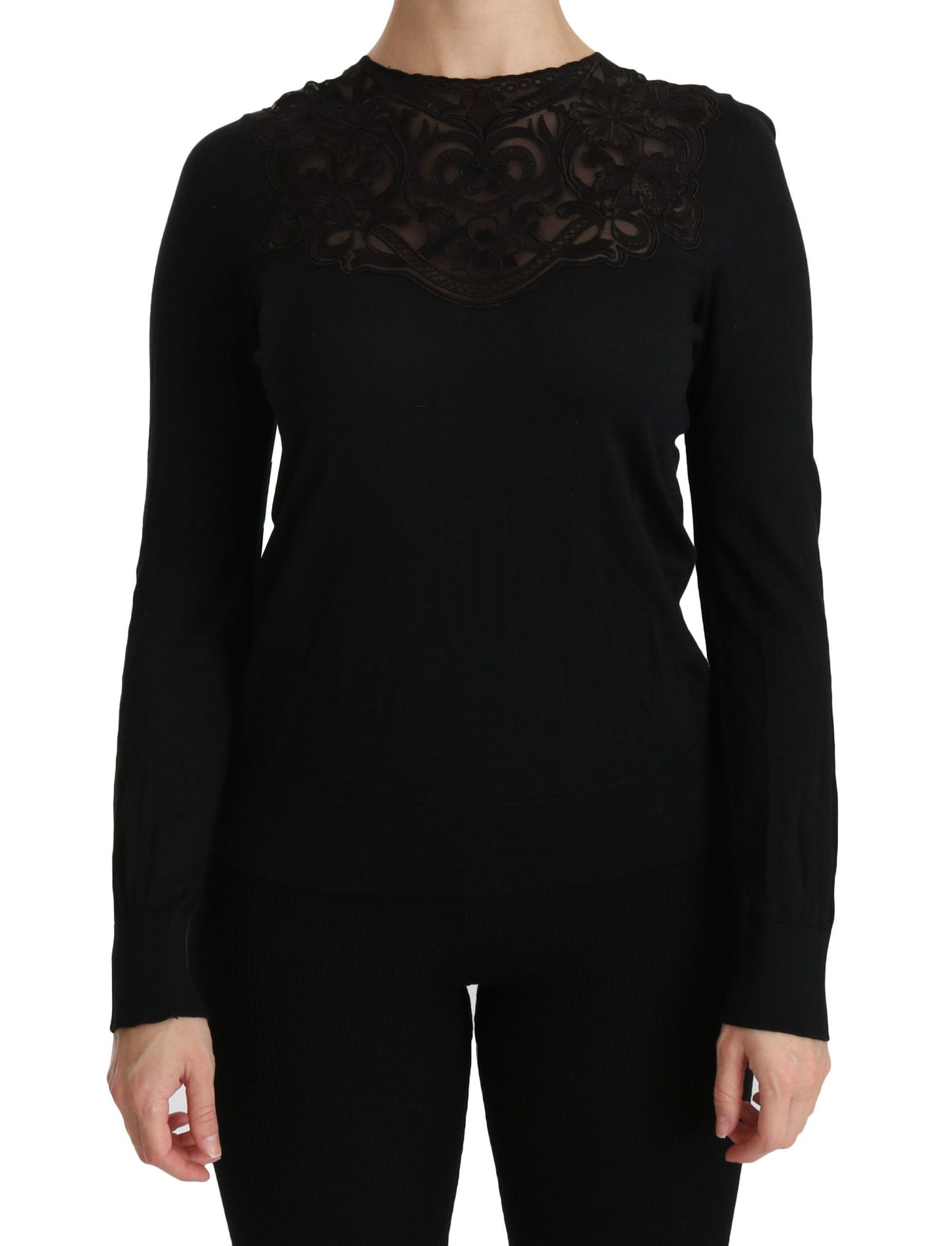  - Elegant Silk-Blend Black Lace Blouse