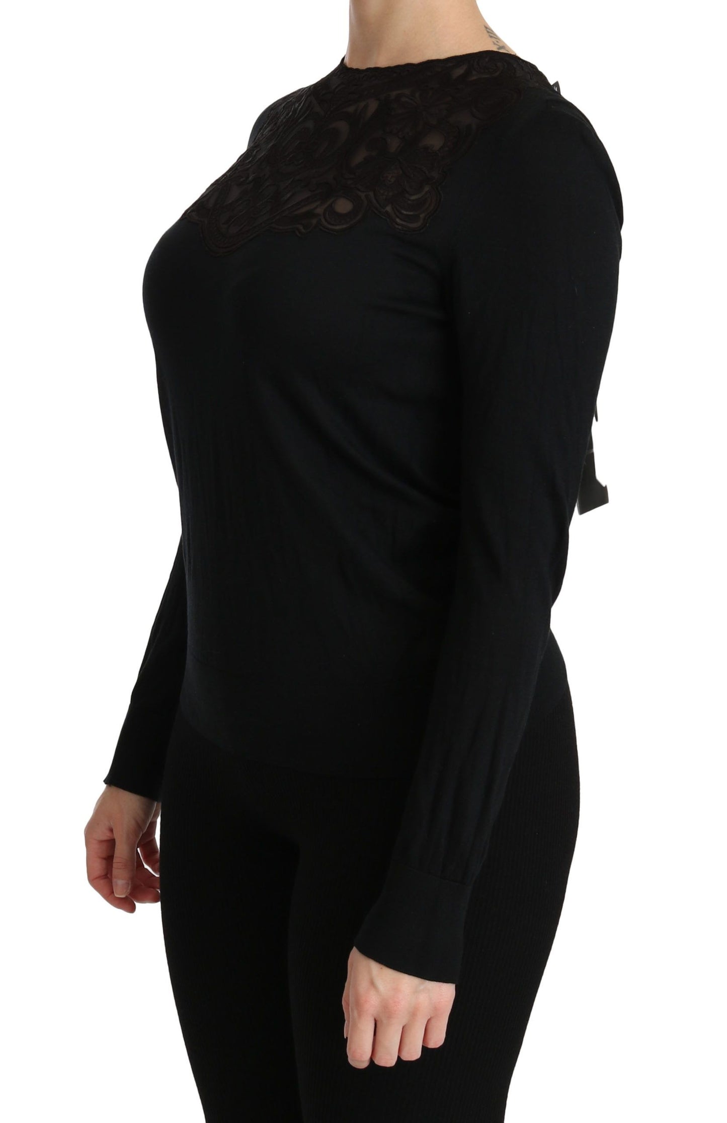  - Elegant Silk-Blend Black Lace Blouse