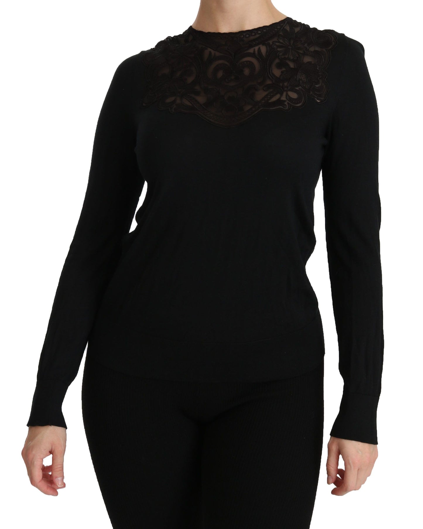  - Elegant Silk-Blend Black Lace Blouse