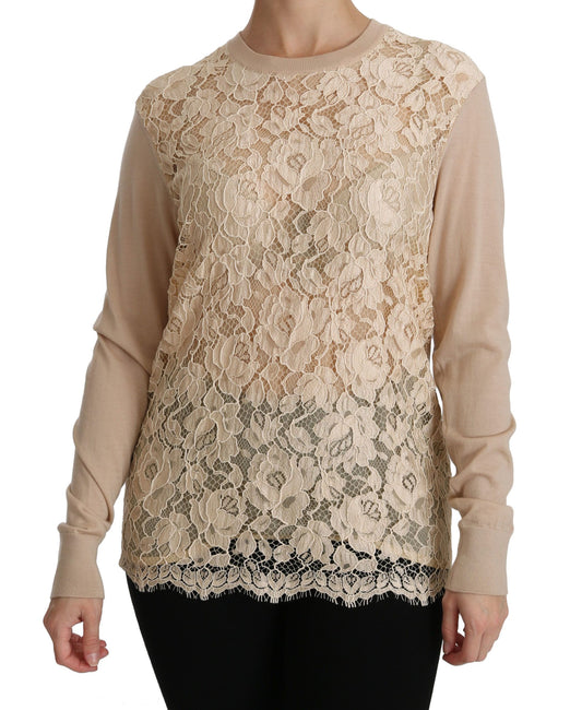  - Elegant Beige Lace Crew Neck Cashmere Blouse