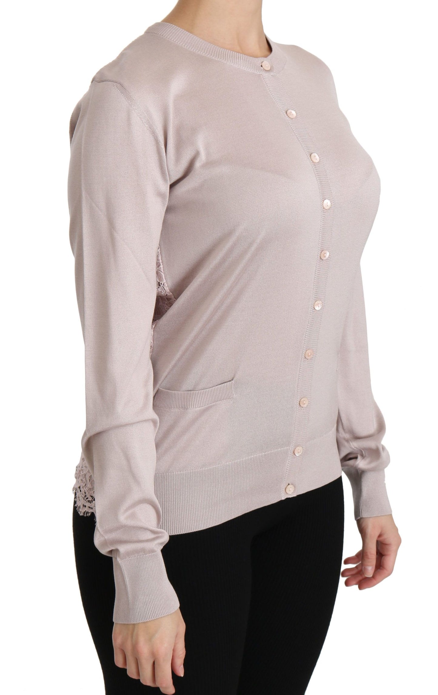  - Silk Blend Pink Crew Neck Cardigan