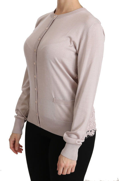  - Silk Blend Pink Crew Neck Cardigan