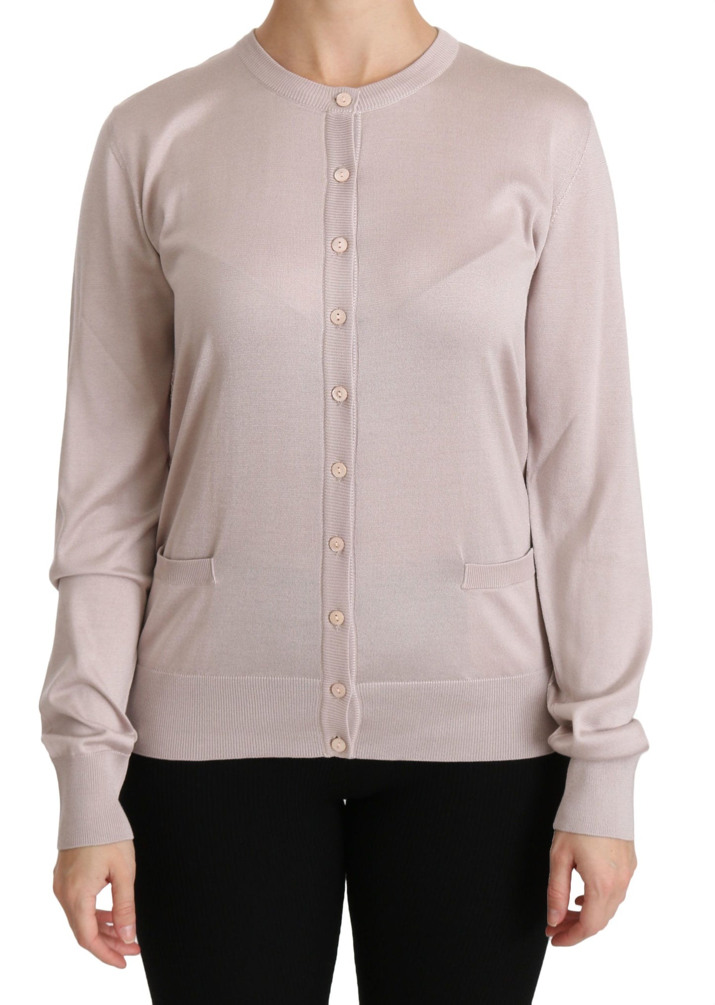  - Silk Blend Pink Crew Neck Cardigan