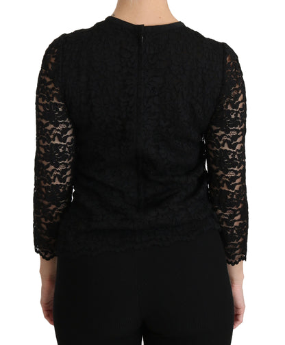  - Elegant Black Lace Crew Neck Blouse