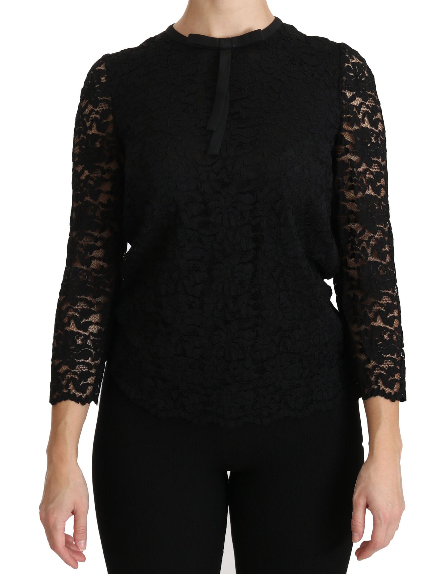  - Elegant Black Lace Crew Neck Blouse