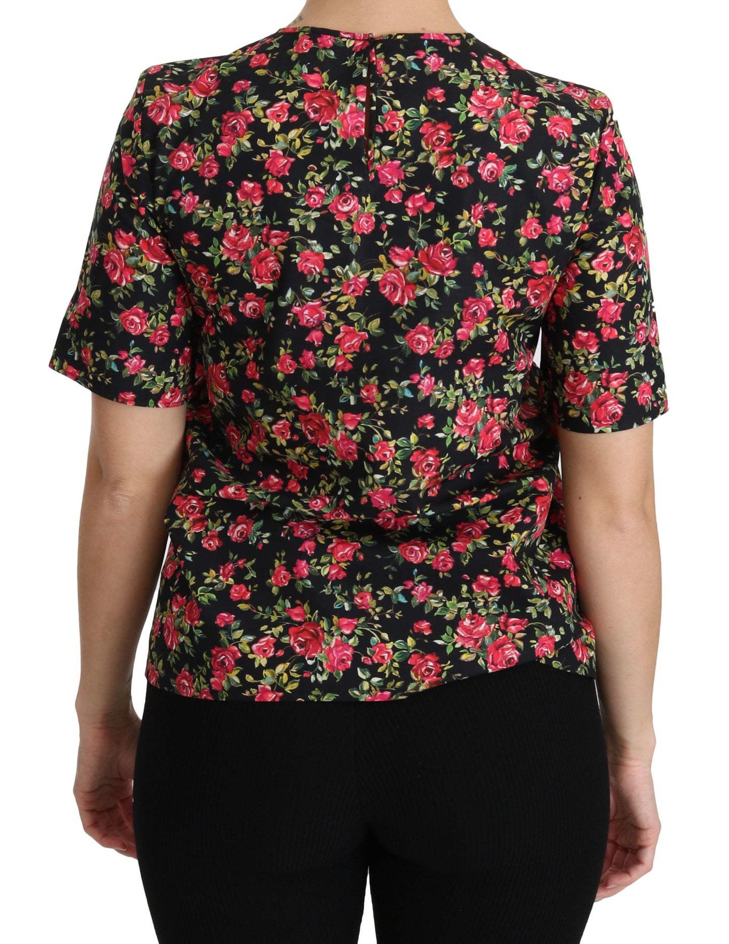  - Elegant Black Floral Crew Neck Top