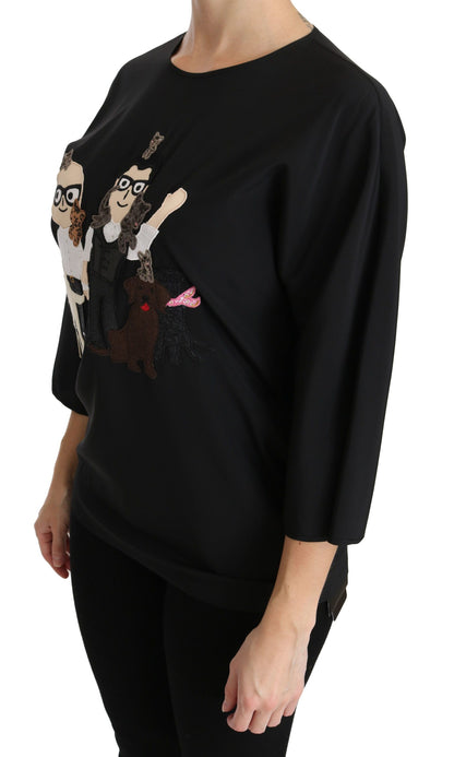  - Elegant Black Silk Stretch Embroidered Top